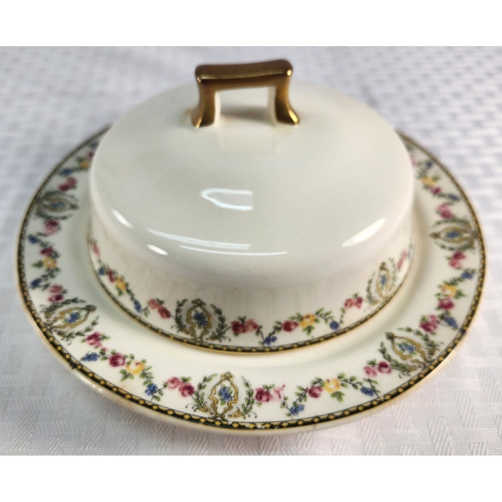 Rare Homer Laughlin Kwaker Floral & Black Check Butter Dish Plate K4315 D6N5